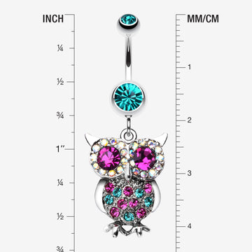 Detail View 1 of Jeweled Sparkling Owl Dangle Belly Ring-Teal